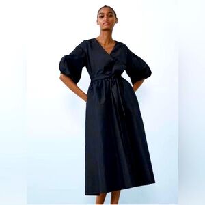ZARA Dress Black Taffeta V-Neck Bubble Sleeves Tie Voluminous Full Skirt SM NWT